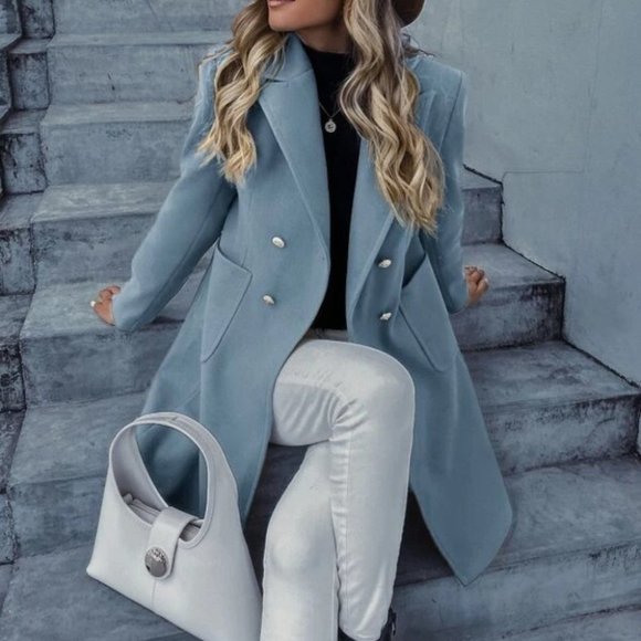 . Jackets & Blazers - Double Breasted Lapel Collar Button Up pocketed Overcoat Blue